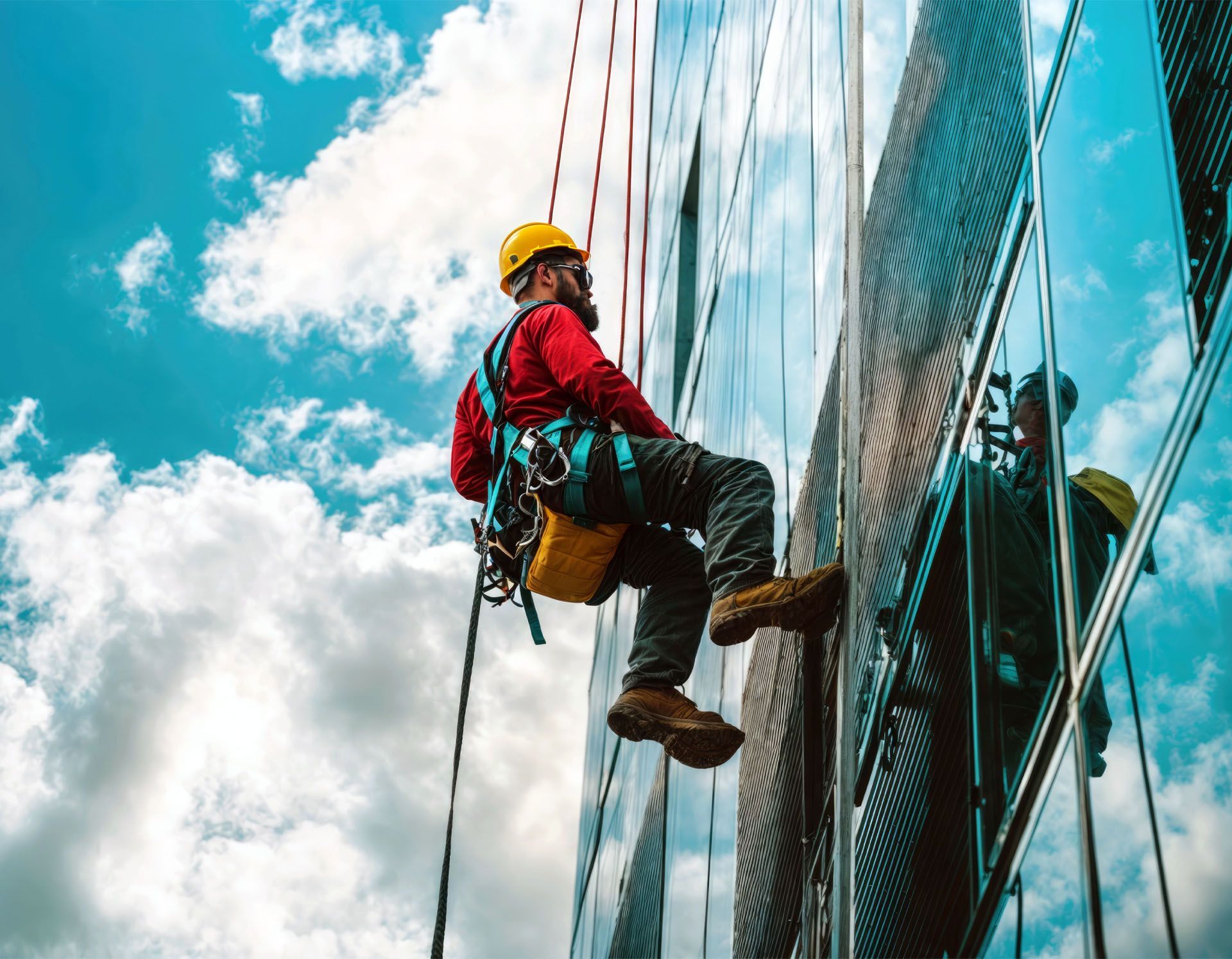 A man is climbing up the side of a building.