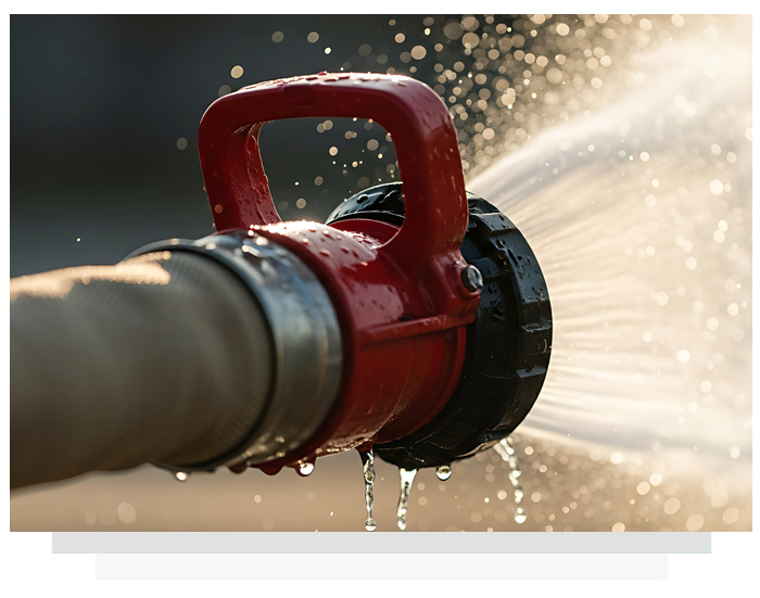 Fire hose spraying water; red nozzle, close-up.