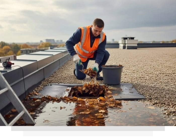 Worker in orange safety vest cleaning leaves from a rooftop drain beside a bucket and ladder
