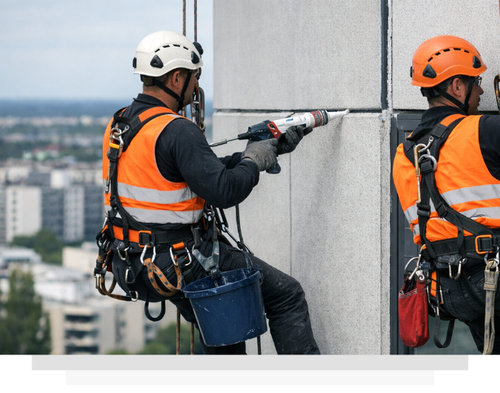 Two abseilers in orange safety vests cleaning a high-rise building exterior on ropes