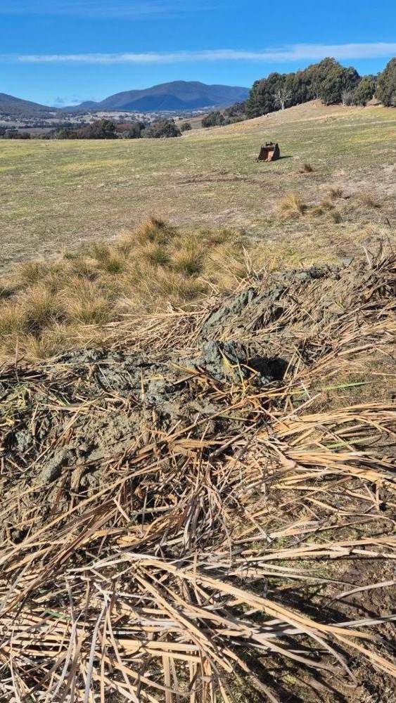 A Pile Of Dry Grass In A Field With Mountains In The Background — Grants Excavations In Osbornes Flat, VIC