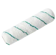 A white paint roller cover with a spiral green striped pattern.