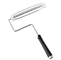 A wire paint roller frame with a black handle, white end caps, and a metal cage for holding roller covers.