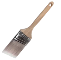 Angled paint brush with a light wood handle and silver metal ferrule on a white background.