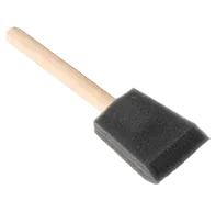 A foam paint brush with a grey, rectangular foam tip and a light wooden handle, isolated on a white background.