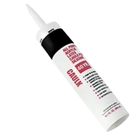 A white tube of 40-year all-purpose acrylic latex caulk with silicone, angled against a plain white background.