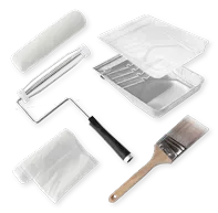 A painting kit containing a paint roller with an extra cover, a paint tray with a liner, and a paint brush.
