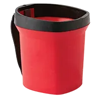 A red, bucket-shaped container with a wide black rim and a black handle attached to the side.