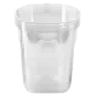 A clear, transparent plastic container with a square shape and rounded corners.