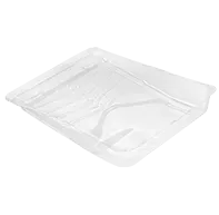 A clear, rectangular plastic vacuum-formed tray with contoured indentations, set against a white background.