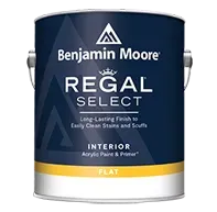 A gallon can of Benjamin Moore Regal Select interior flat paint in a dark blue, yellow, and white label design.