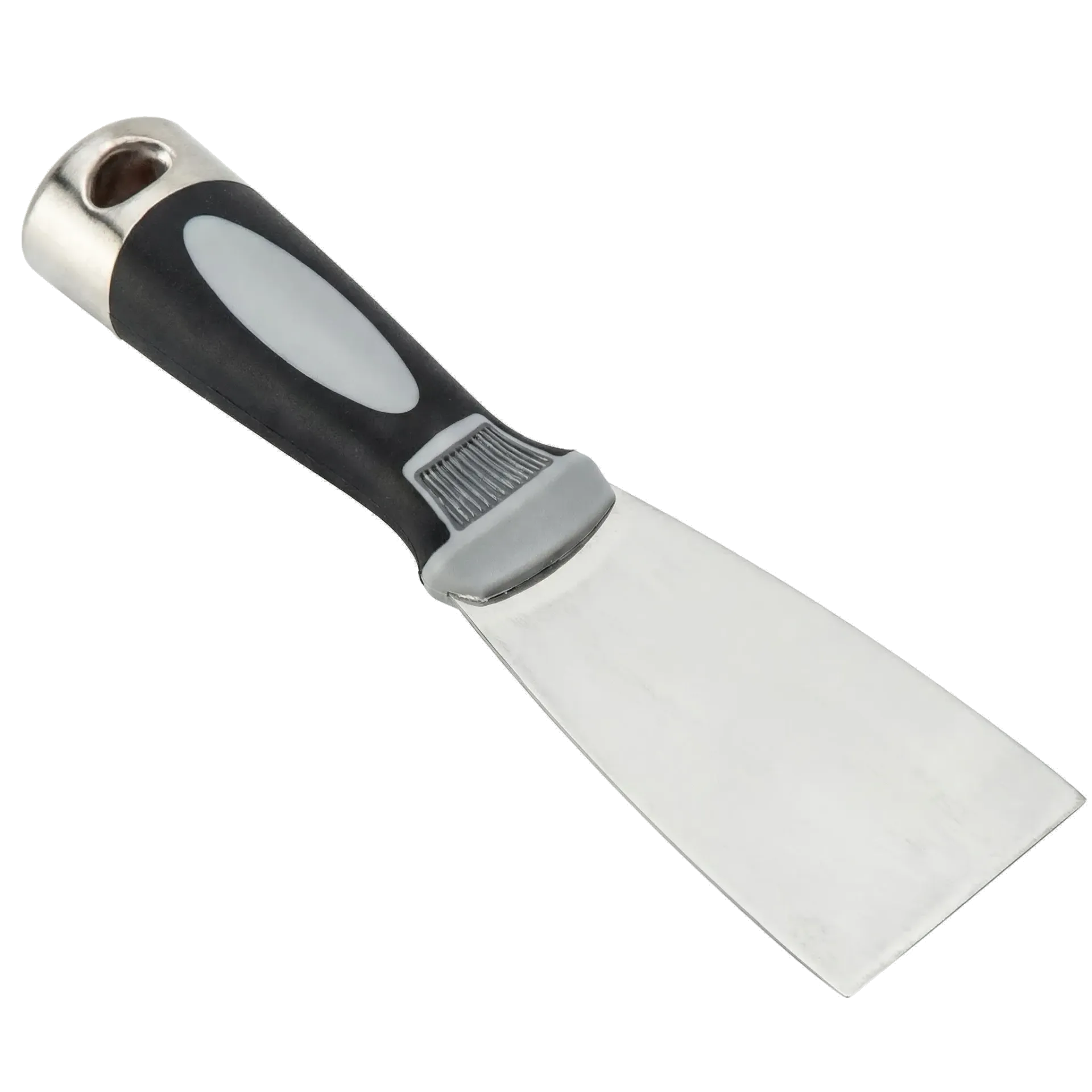 A stiff-bladed putty knife with a black and gray handle and a metal blade.