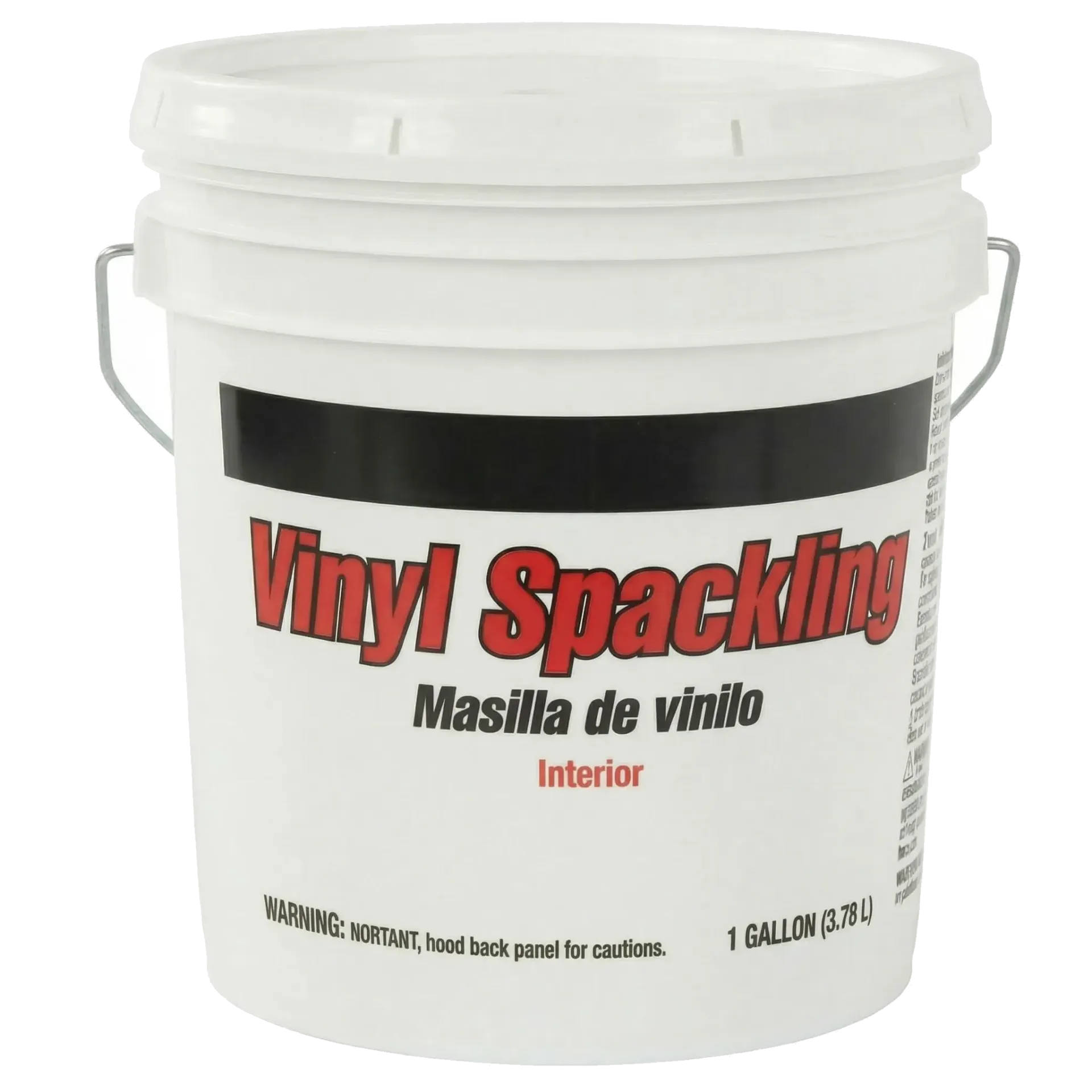 A white one-gallon bucket of vinyl spackling, labeled for interior use.