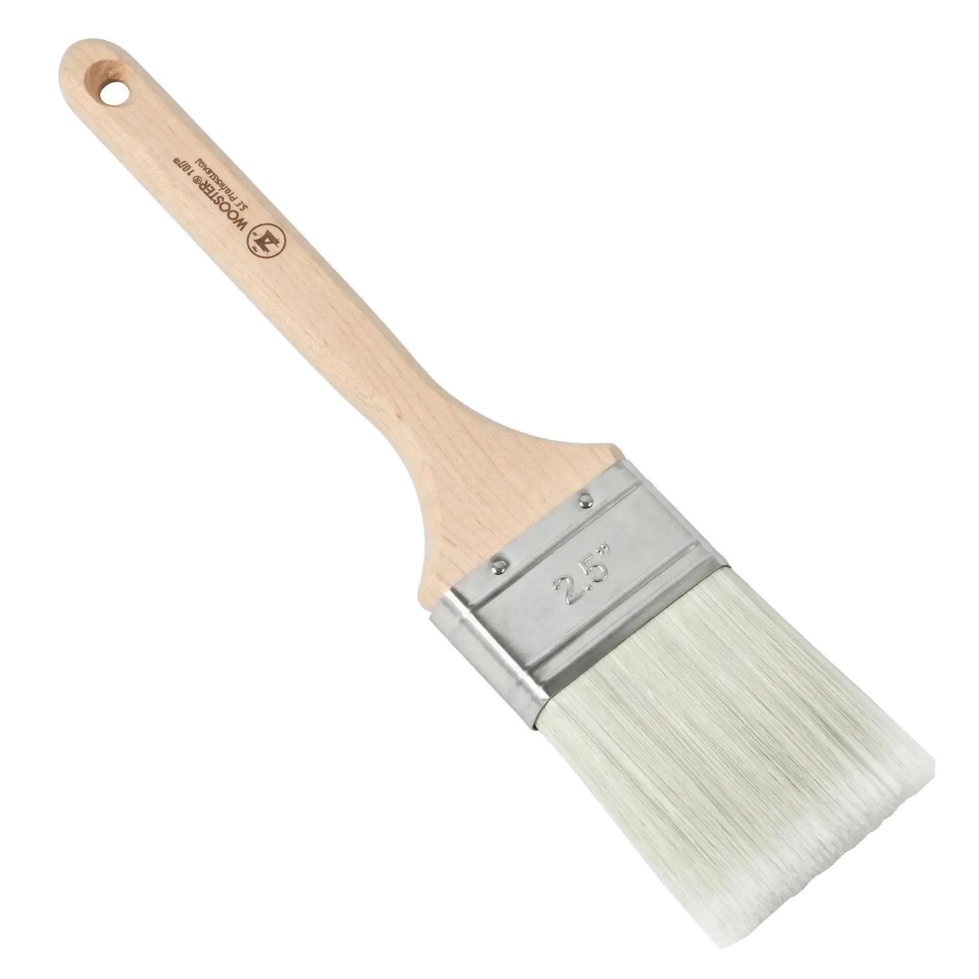 A flat paintbrush with a light wooden handle and white bristles, featuring a metal ferrule marked with 2.5 inches.