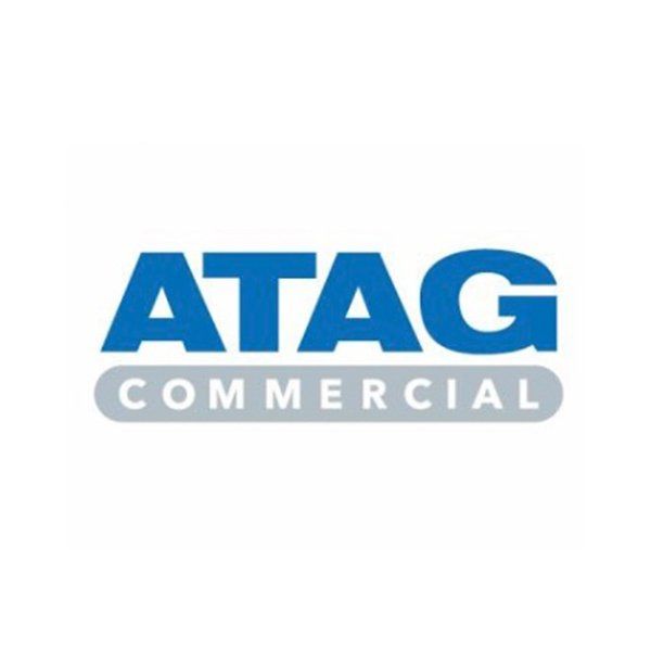 a blue and white logo for atag commercial