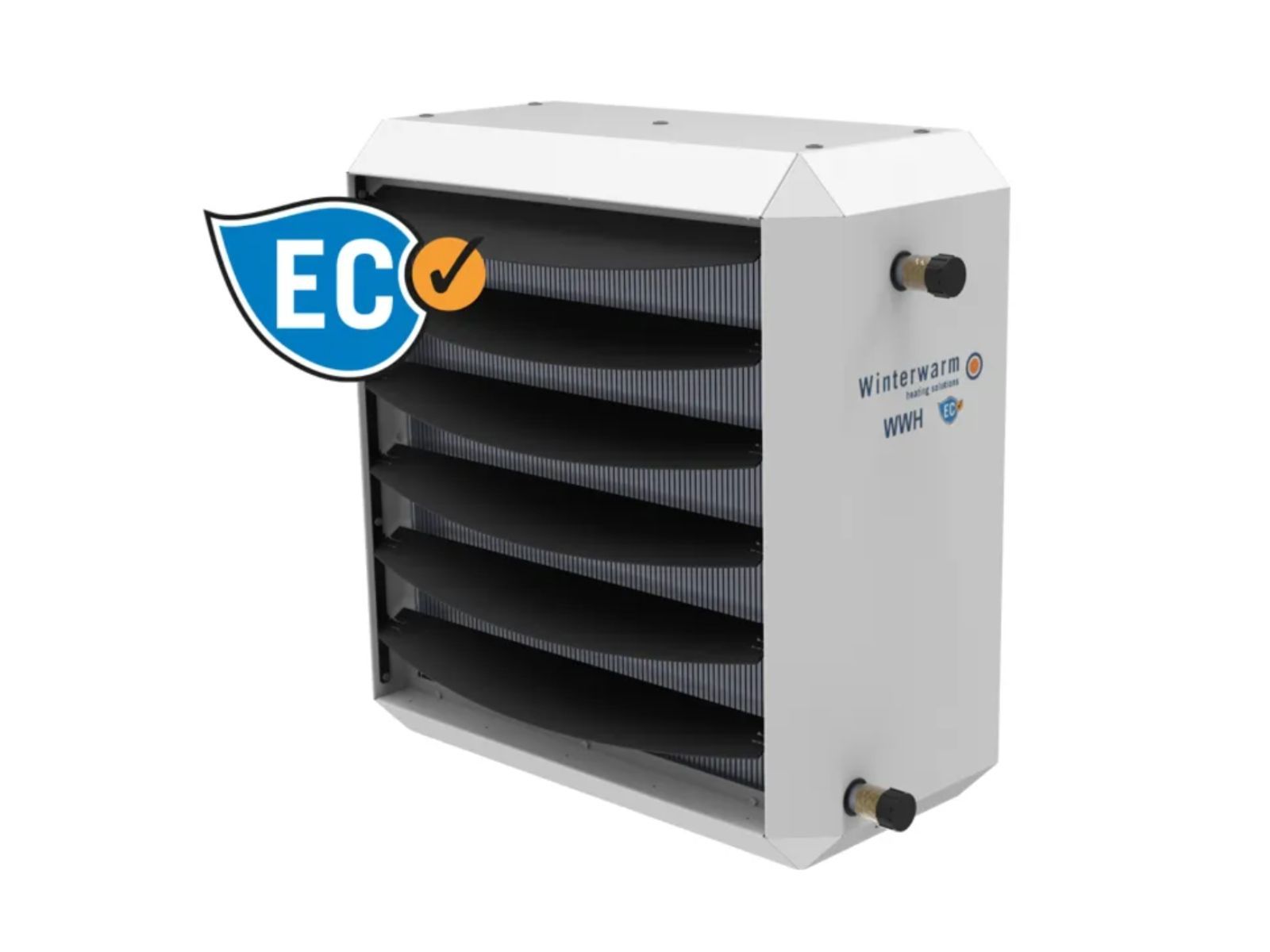 White industrial heater with black louvers, an EC mark, and water inlets.
