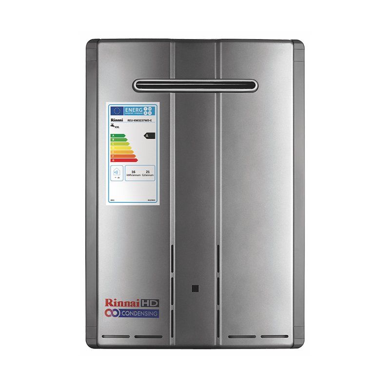 a stainless steel rinnai water heater is shown on a white background