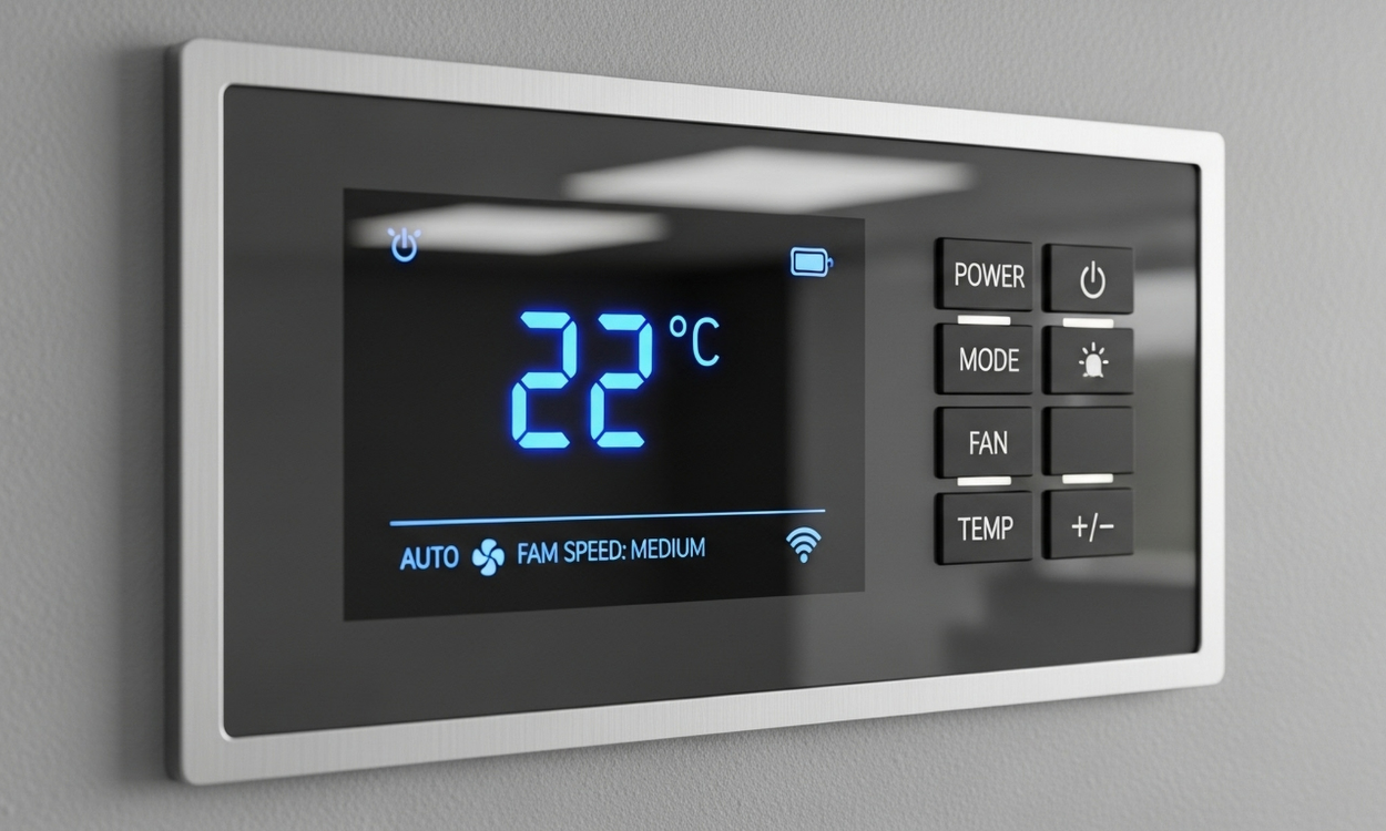 Digital thermostat display showing 22°C on a wall-mounted control panel with black screen and silver frame