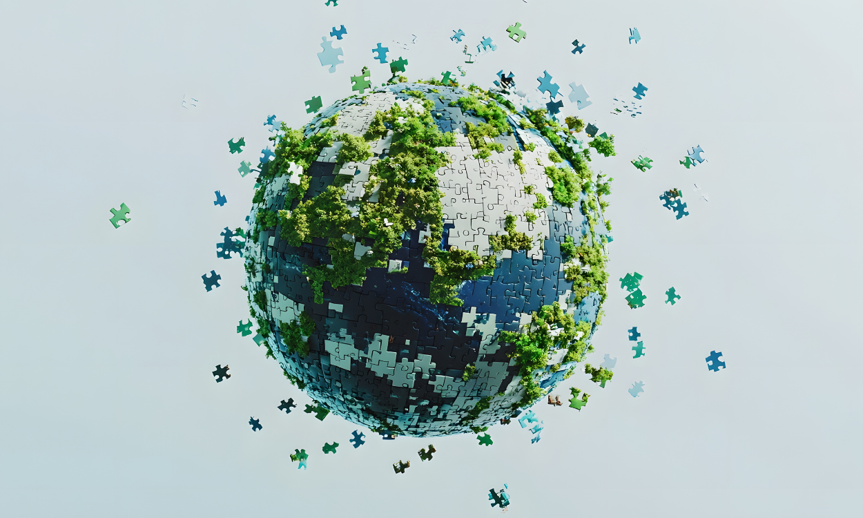 Earth globe made of puzzle pieces, some flying away. Green and blue, on a light blue background.