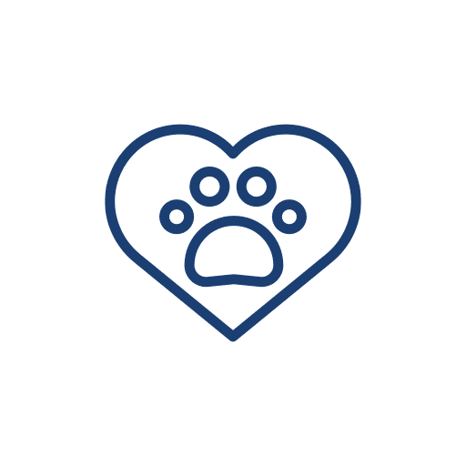 A dark blue outline of a heart containing a stylized animal paw print, centered on a white background.