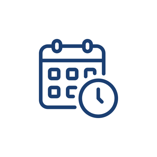 A dark blue icon featuring a calendar page with a small clock symbol overlaid in the bottom right corner.