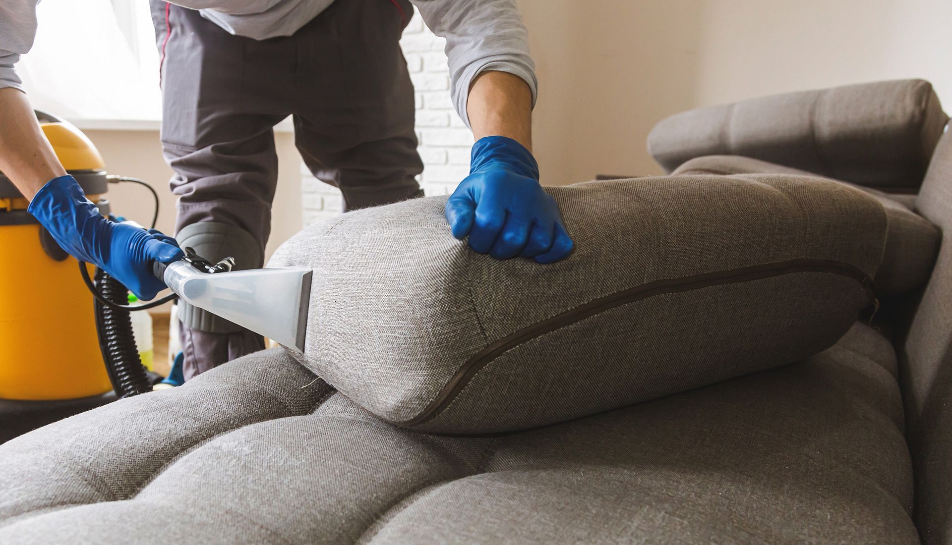 A person wearing blue gloves uses a professional steam cleaner to clean a grey upholstered couch cushion.