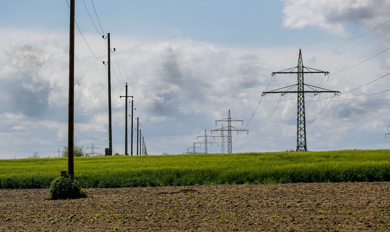 Una hilera de líneas eléctricas que atraviesan un campo de hierba.