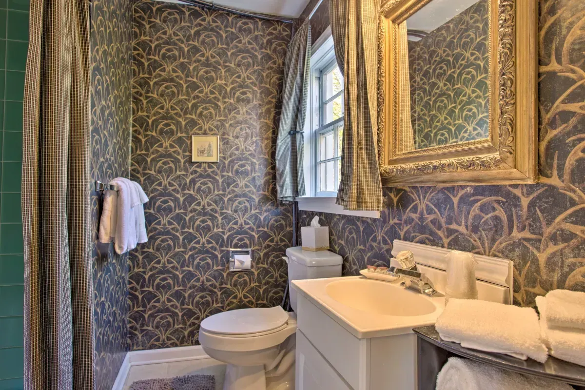 a bathroom with a toilet , sink and mirror .