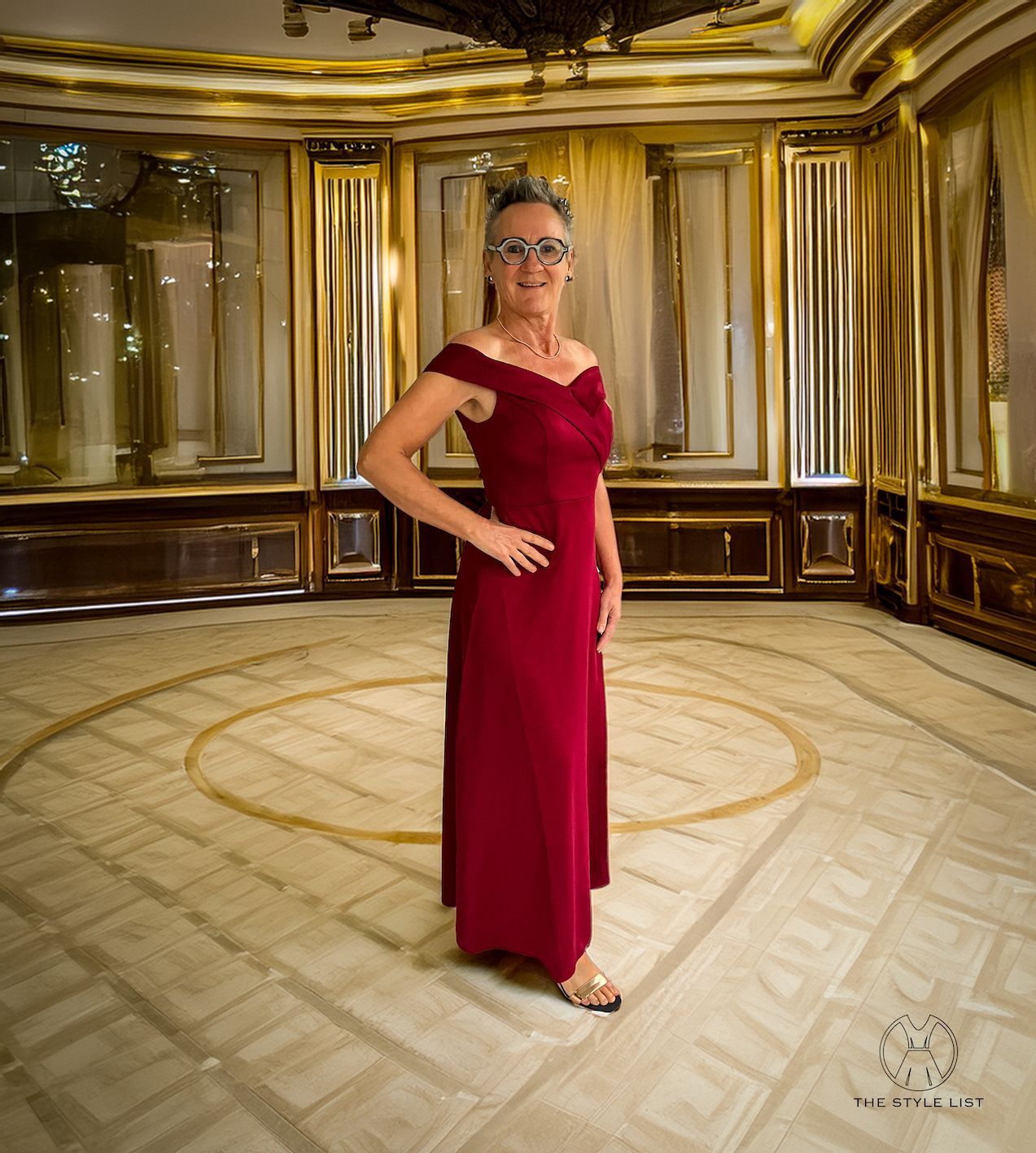 A woman in a red dress is standing in a room