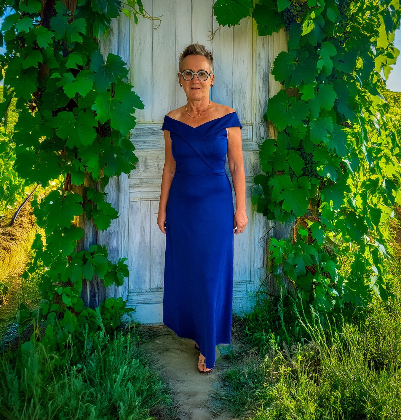 A woman in a blue dress is standing in front of a white door
