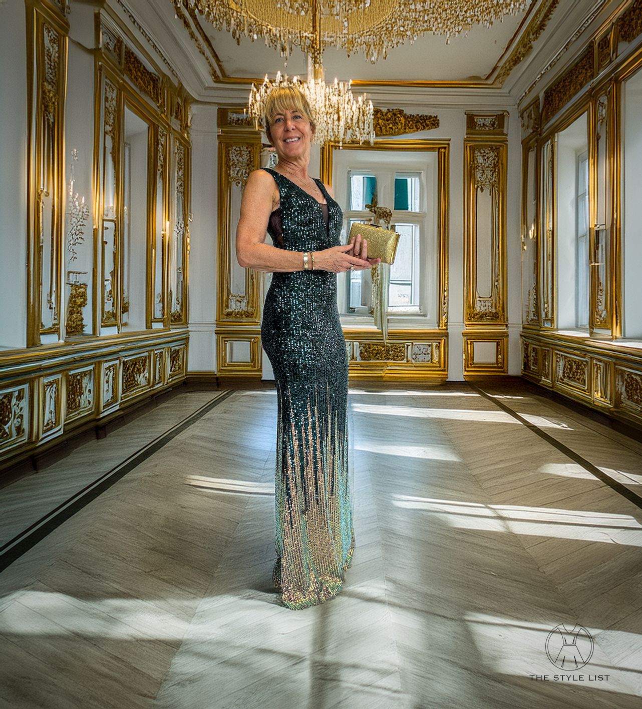 A woman in a long dress is standing in a room with a chandelier