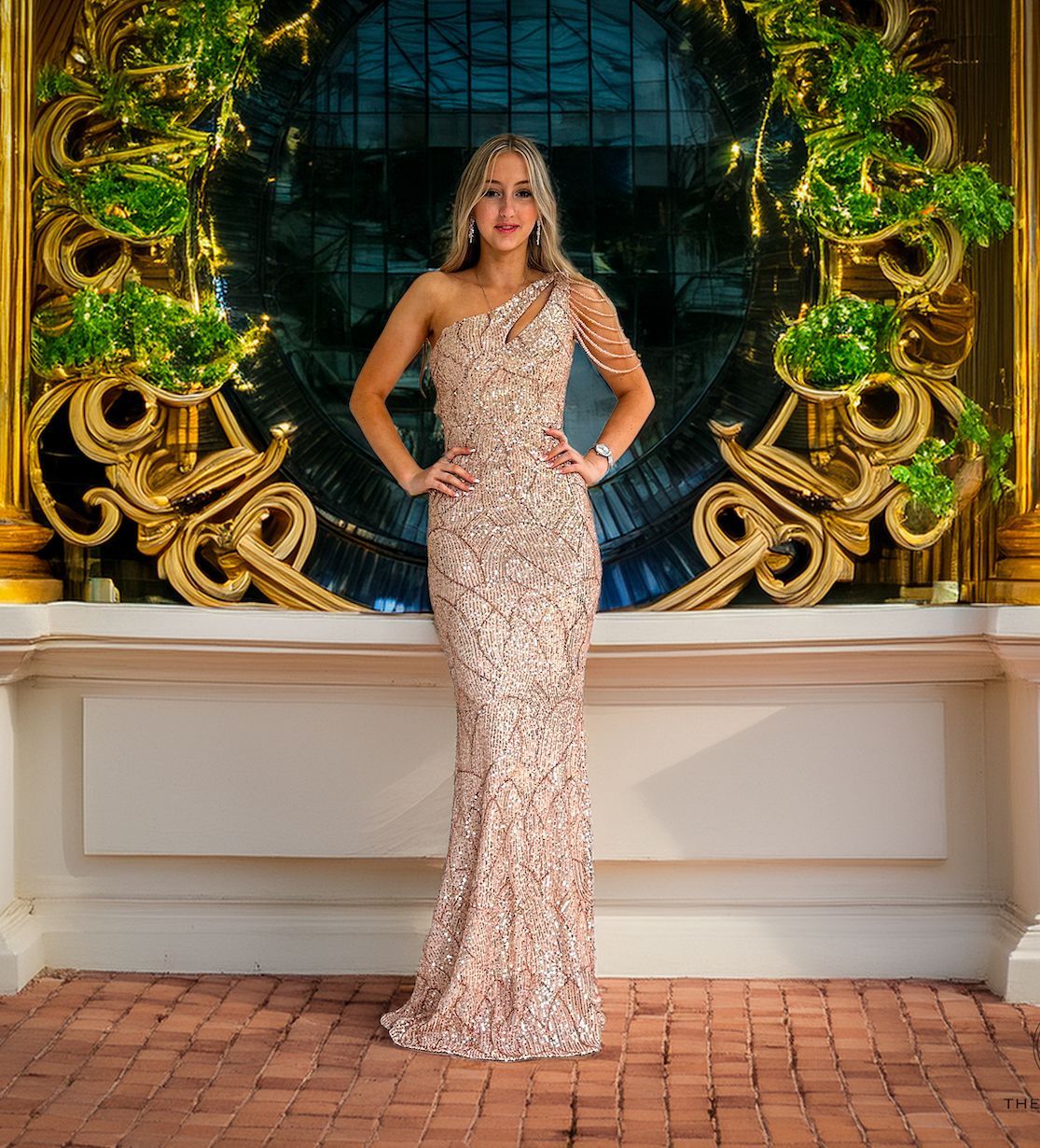 A woman in a long dress is standing in front of a window.