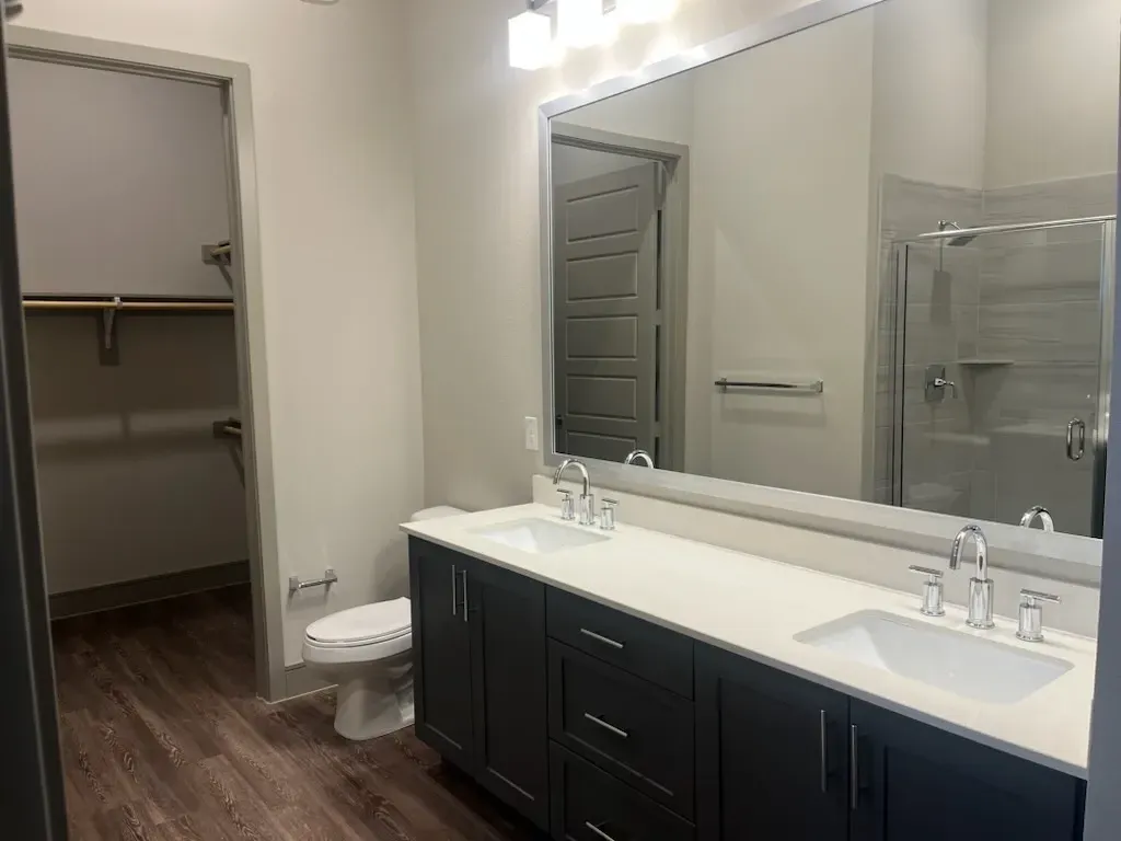 Bathroom with double-sink vanity, toilet, large mirror, and glass shower.