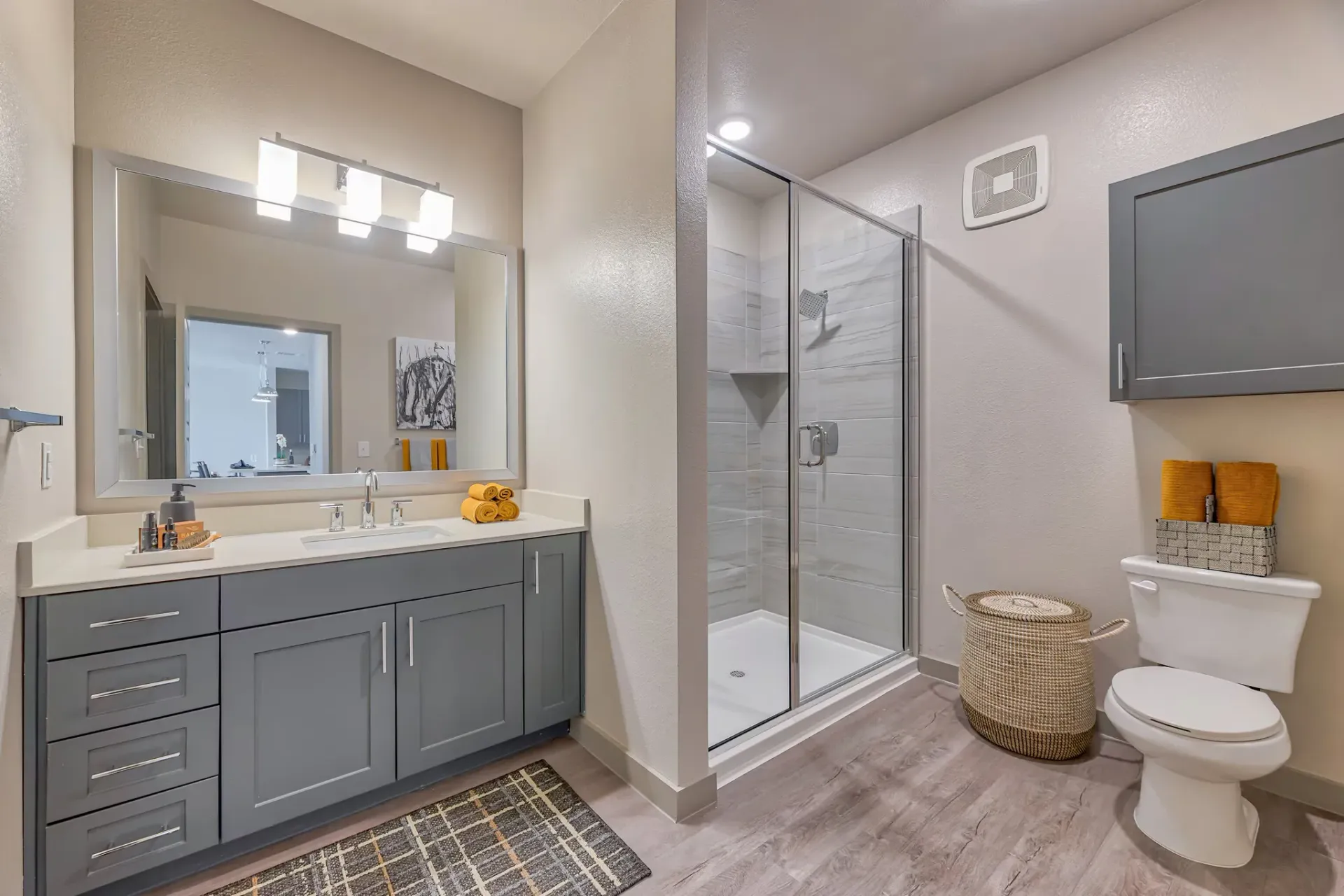 Bathroom with a gray vanity, glass shower, and toilet.