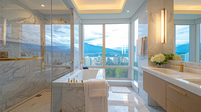 Spa-inspired bathroom renovation Vancouver with rainfall shower and built-in bench seating. Porcelain tile flooring provides slip resistance. Professional waterproofing ensures durability.
Metro Vancouver bathroom remodeling with floating vanity and undermount sink. Heated floors add luxury touch. Completed under full inspection approval.
Vancouver bathroom design-build renovation including permit coordination and project management. Layout optimization improves daily functionality. Turnkey bathroom remodeling solution provided.
Bathroom renovation Vancouver featuring marble tile backsplash and quartz vanity. Glass shower panels create open concept feel. Installed by certified bathroom contractors.
Vancouver BC bathroom remodeling project with freestanding bathtub and recessed lighting. Waterproof tile installation prevents moisture damage. Ideal for high-end bathroom upgrades.