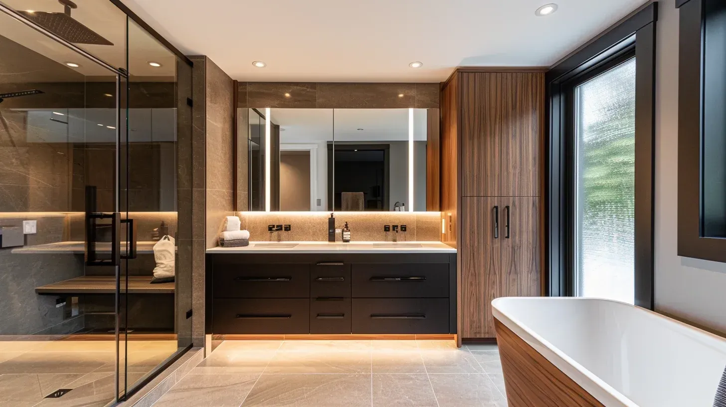 Bathroom remodel Vancouver Lower Mainland including tub-to-shower conversion and slip-resistant tile flooring. Frameless glass panel improves accessibility. Transparent pricing and detailed project scope provided.
Vancouver bathroom renovation project with quartz vanity surface and custom mirror integration. Upgraded plumbing lines improve water efficiency. Completed to municipal inspection standards.
Bathroom remodeling Vancouver BC featuring custom cabinetry fabrication and undermount sink installation. Waterproof underlayment protects structural framing. Designed for long-term reliability.
Vancouver bathroom renovation contractors installing stone countertop and modern backsplash upgrade. LED vanity lighting improves task illumination. Executed with meticulous attention to detail.
Luxury spa bathroom renovation Vancouver BC including rainfall shower system and built-in seating bench. Heated flooring enhances comfort and resale value. Delivered by trusted Metro Vancouver remodeling team.