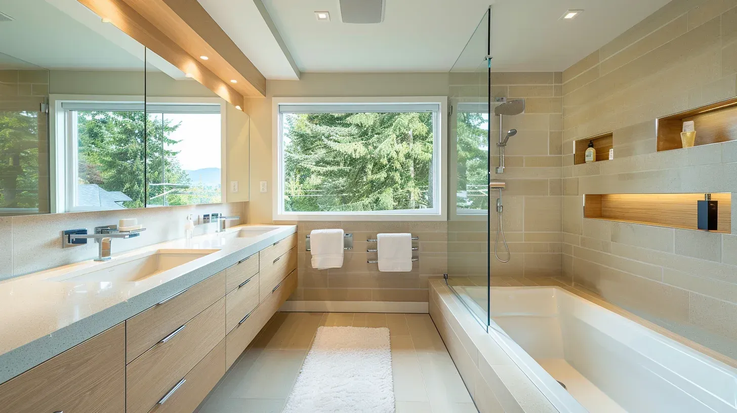 Bathroom renovations Vancouver BC featuring full demolition and subfloor reinforcement prior to tile installation. Schluter waterproofing system applied behind porcelain shower walls for maximum moisture protection. Completed by licensed and insured Metro Vancouver bathroom renovation contractors.
Vancouver bathroom remodeling project with curbless walk-in shower and linear trench drain installation. Heated porcelain tile flooring installed with programmable thermostat controls. Built to BC Building Code and City of Vancouver permit standards.
Luxury bathroom renovation Vancouver showcasing double sink vanity with engineered quartz countertop and soft-close cabinetry. Frameless glass shower enclosure enhances light flow and visual openness. Delivered by certified Lower Mainland bathroom remodeling experts.
Small bathroom remodel Vancouver BC featuring floating vanity and wall-mounted toilet for space optimization. Waterproof vinyl plank flooring protects against high humidity conditions. Ideal for condo and strata-approved renovations.
Contemporary bathroom renovation Vancouver with rainfall shower head and recessed LED lighting layout. Large-format ceramic tile reduces grout lines and maintenance needs. Installed by experienced Vancouver bathroom remodeling professionals.