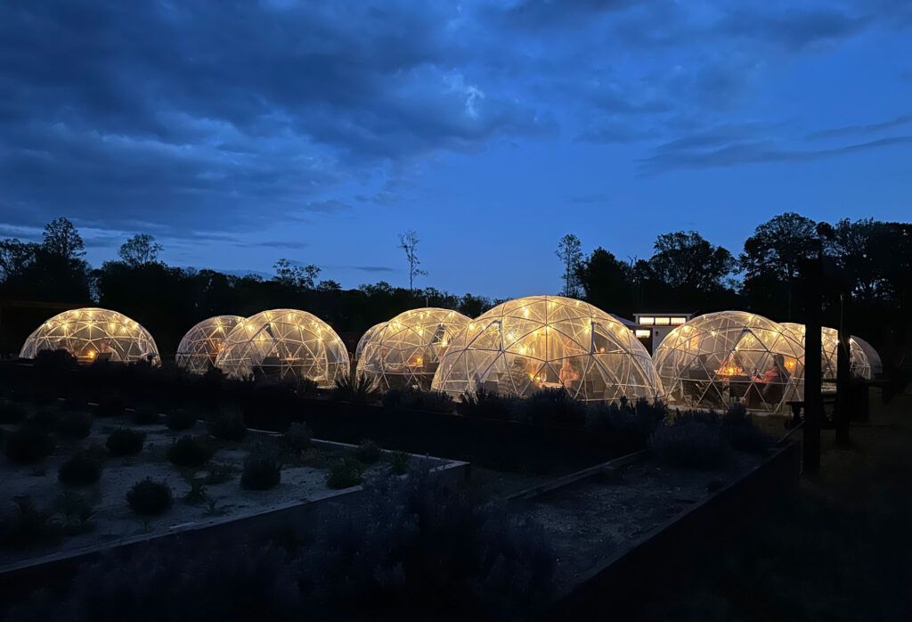 A row of domes filled with lights are lit up at night.