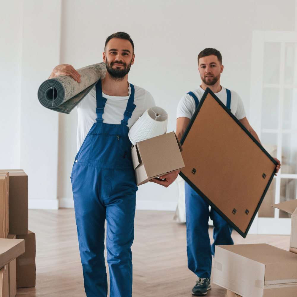 Two movers in blue overalls carrying a rolled-up rug, a cardboard box, and a framed piece of art inside a house.