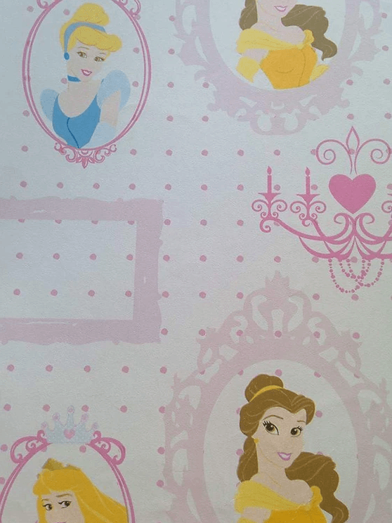 A pink and white wallpaper with princesses on it