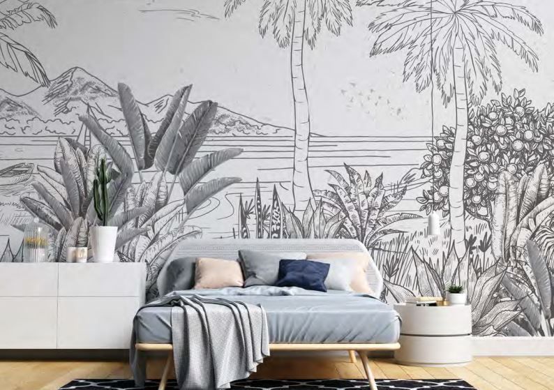 A bedroom with a bed , nightstand , and a large mural on the wall.