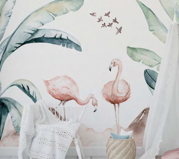 A painting of flamingos and leaves on a wall