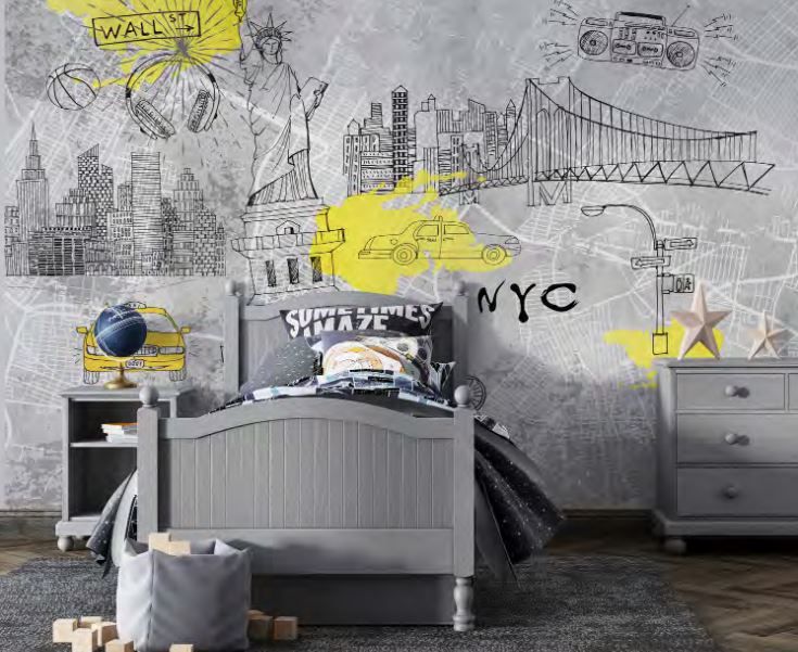 A bedroom with a bed , nightstand , dresser and a wall mural of new york city.