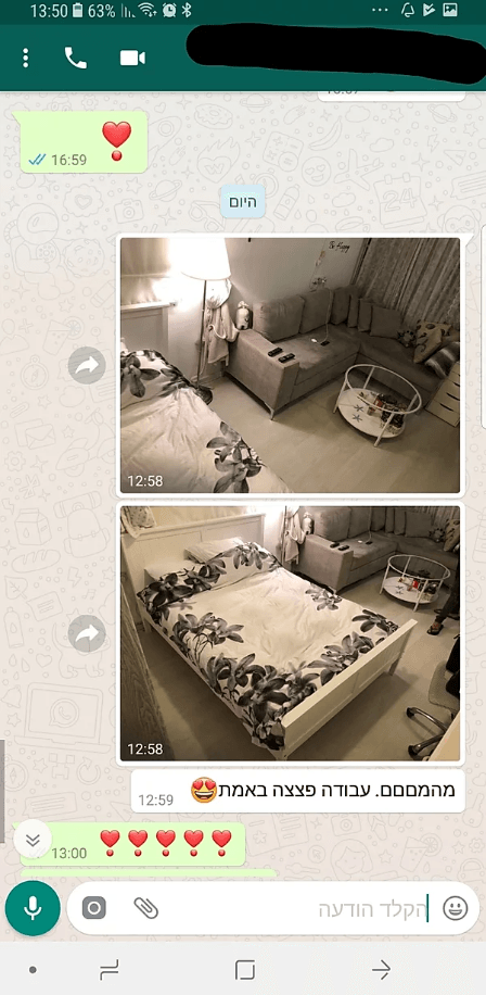 A couple of pictures of a living room and a bed on a phone.