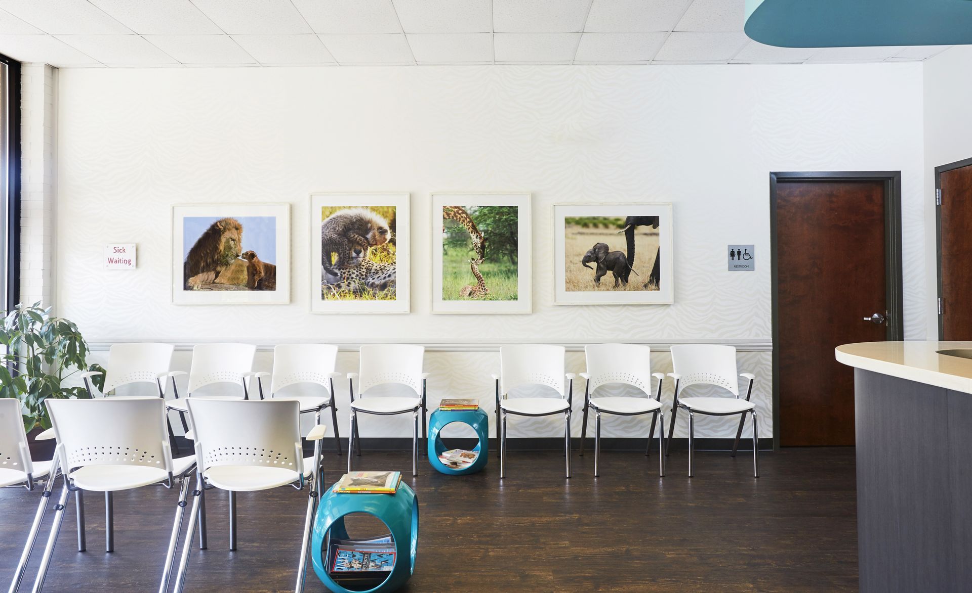 A waiting room with white chairs and pictures on the wall