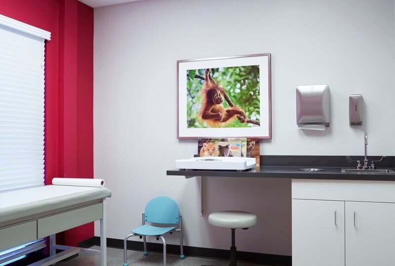 A doctor 's office with a picture of an orangutan on the wall.