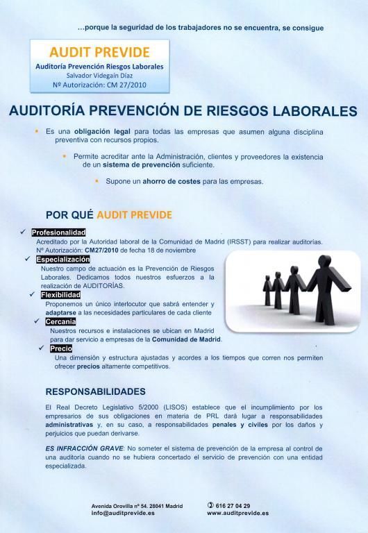 Póster de AUDIT PREVIDE, una auditoría de prevención de riesgos laborales. Contiene texto y siluetas.