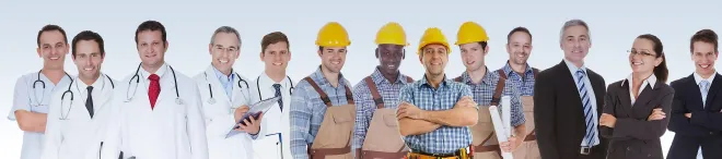 Grupo de profesionales diversos: médicos, trabajadores de la construcción y empresarios.