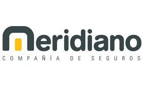 Meridiano logo: Dark gray and yellow geometric design, text 