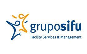 Logotipo para Grupo SIFU, que presenta una figura abstracta azul y naranja y el nombre de la empresa con 